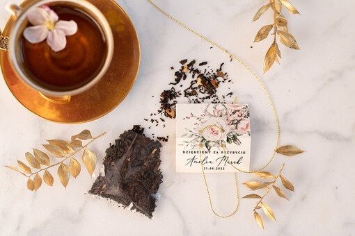 Saszetki upominki podziękowania za przybycie po ślubie zawierające herbatę lub kawę