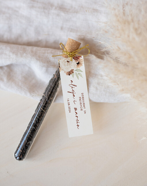 Fiolki prezenty dla gości weselnych, piękne podziękowania dla gości weselnych, ręcznie zdobione fiolki z herbatą, fiolki na herbatę, podziękowania dla gości herbata