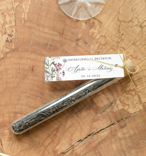 Fiolki podziękowanie dla gości weselnych, piękne podziękowania dla gości herbata, szklana fiolka z herbatką