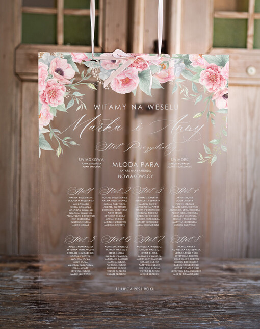 na pleksie - akryl Przeźroczysta plansza powitanie gości i plan stołów w jednym   Powitanie gości na weselu przezroczysta tablica   Plexi Witamy na weselu tablica z powitaniem gości weselnych Pleksa  personalizowana