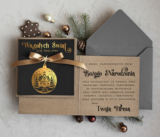 Kokardki  Złocone kartki na święta z logo firmy, świąteczna kartka biznesowa z kokardką i złotymi napisami, nowoczesna firmowa kartka bożonarodzeniowa