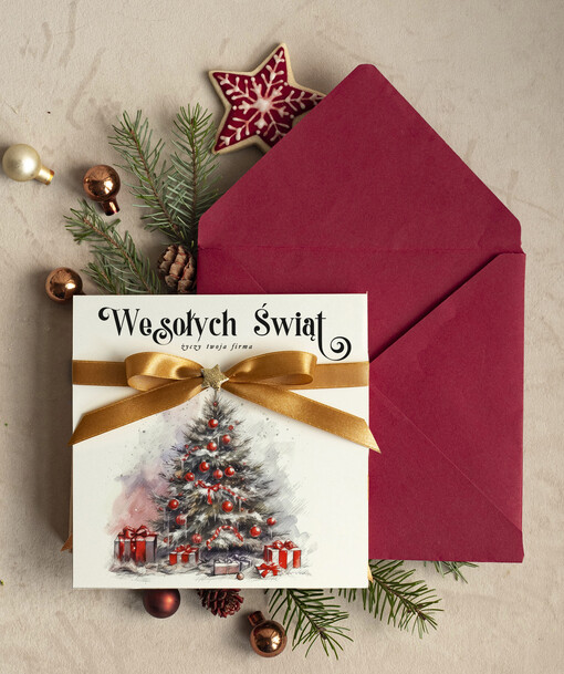 Kokardki  bozonarodzeniowe kartki swiąteczne z logo firmy, firmowa biznesowa kartka świąteczna, eleganckie kartki świateczne z kokardką dla firm