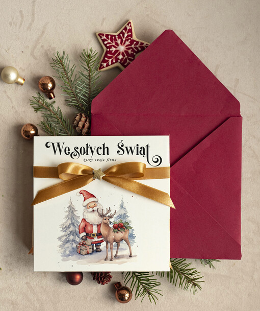 Kokardki  pakiety kartek świątecznych dla firm, kartki swiateczne z logo firmy, proste i eleganckie kartki dla pracowników, bozonarodzeniowe kartki świateczne z kokardką