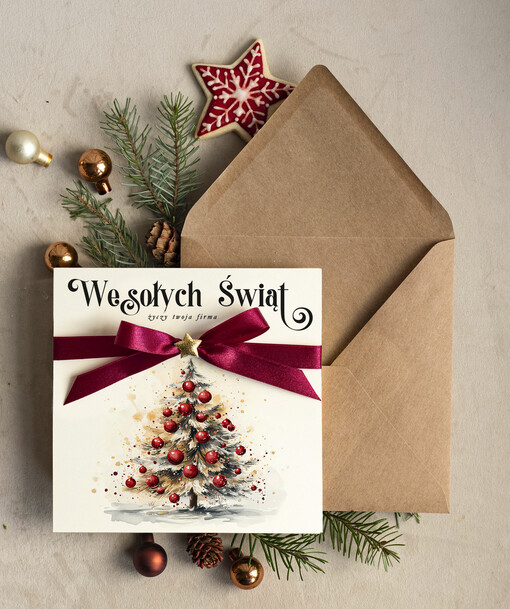 Kokardki  bozonarodzeniowe kartki swiateczne z logo firmy, firmowa biznesowa kartka świąteczna z choinką, eleganckie kartki świateczne z kokardką dla firm