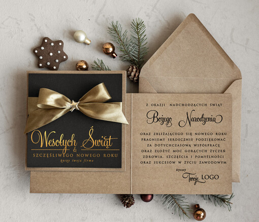 Kokardki  Złocone kartki na święta z logo firmy, świąteczna kartka biznesowa z kokardą, nowoczesna firmowa kartka bożonarodzeniowa