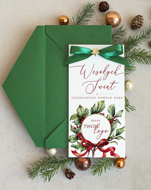 Kokardki  firmowe kartki świąteczne z logo firmy, karnety bożonarodzeniowe i na nowy rok z kokardką