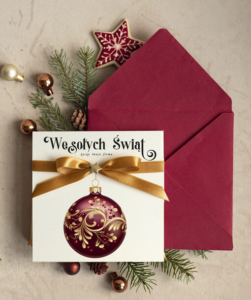 Kokardki  bozonarodzeniowe kartki swiateczne z logo firmy, firmowa biznesowa kartka świąteczna, eleganckie kartki świateczne z kokardką dla firm