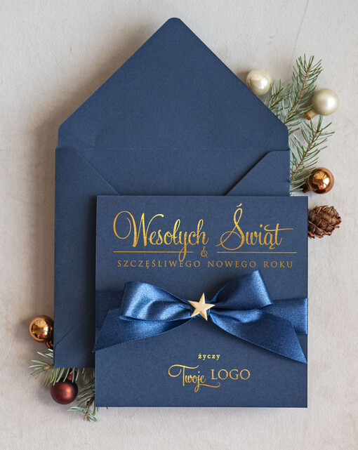 Kokardki  Złocone kartki na święta z logo firmy, świąteczna kartka biznesowa z kokardką i złotymi napisami, nowoczesna firmowa kartka bożonarodzeniowa