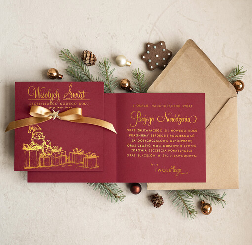 Kokardki  kartka świąteczna z logo firmy, złocone kartki bozonarodzeniowe dla klientów, biznesowe kartki świąteczne, firmowe pozłacane karnety, błyszczące złote karnety swiateczne złote napisy