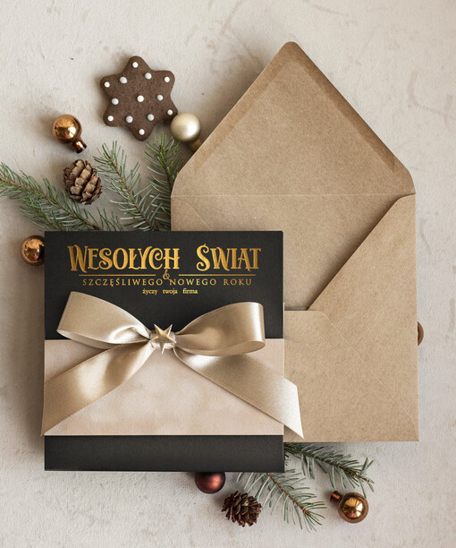 Kokardki  Złocone kartki na święta z logo firmy, świąteczna kartka biznesowa z kokardką i welurem, nowoczesna firmowa kartka bożonarodzeniowa
