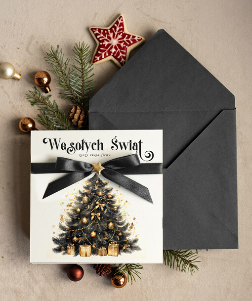 Kokardki  bozonarodzeniowe kartki swiateczne z logo firmy, firmowa biznesowa kartka świąteczna, eleganckie kartki świateczne z kokardką dla firm