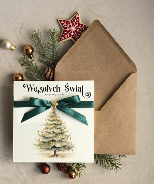 Kokardki  bozonarodzeniowe kartki swiateczne z logo firmy, firmowa biznesowa kartka świąteczna, eleganckie kartki świateczne z kokardką dla firm