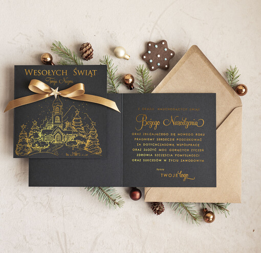 Kokardki  kartka świąteczna z logo firmy, złocone kartki bozonarodzeniowe dla klientów, biznesowe kartki świąteczne, firmowe pozłacane karnety, błyszczące złote karnety swiateczne złote napisy