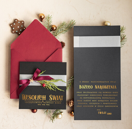 Kokardki  Złocone kartki na święta z logo firmy, świąteczna kartka biznesowa z kokardką i naturalną ozdobą, nowoczesna firmowa kartka bożonarodzeniowa