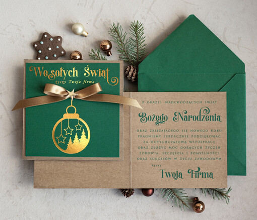 Kokardki  Złocone kartki na święta z logo firmy, świąteczna kartka biznesowa z kokardką i welurem, nowoczesna firmowa kartka bożonarodzeniowa