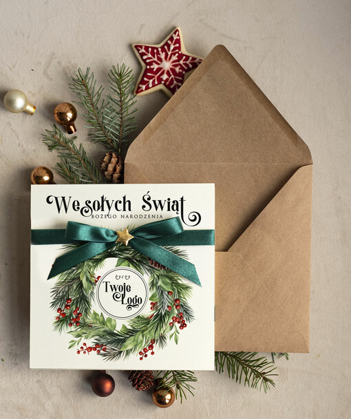 Kokardki  bozonarodzeniowe kartki swiateczne z logo firmy, firmowa biznesowa kartka świąteczna, eko kartki świateczne z kokardką dla firm
