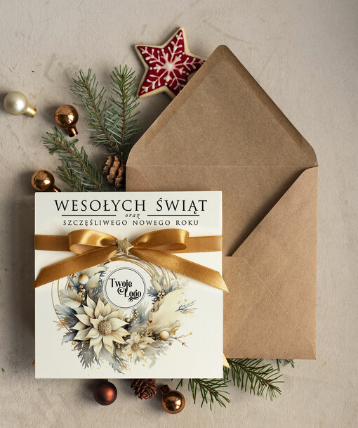 Kokardki  bozonarodzeniowe kartki swiateczne z logo firmy, firmowa biznesowa kartka świąteczna, eleganckie kartki świateczne z kokardką dla firm