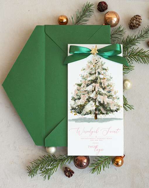 Kokardki  firmowe kartki świąteczne z logo twojej firmy, składane bożonarodzeniowe kartki z kokardką