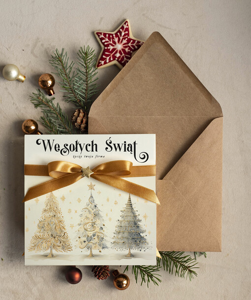 Kokardki  bozonarodzeniowe kartki swiateczne z logo firmy, firmowa biznesowa kartka świąteczna, eko kartki świateczne z kokardką dla firm
