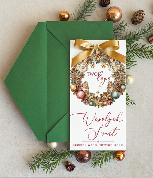 Kokardki  firmowe kartki bozonoarodzeniowe z logo, karnety bożonarodzeniowe i na nowy rok z kokardką