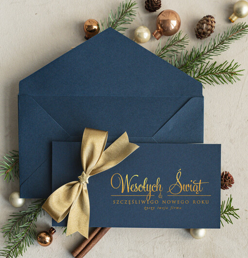 Kokardki  Złocone kartki na święta z logo firmy, świąteczna kartka biznesowa z kokardką i złotymi napisami, nowoczesna firmowa kartka bożonarodzeniowa