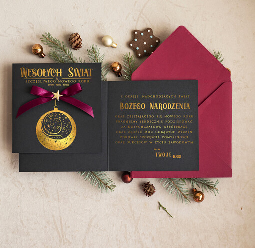 Kokardki  Złocone kartki na święta z logo firmy, świąteczna kartka biznesowa z kokardką zloconąbombką, nowoczesna firmowa kartka bożonarodzeniowa