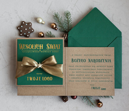 Kokardki  Złocone kartki na święta z logo firmy, świąteczna kartka biznesowa z kokardką i złotymi napisami, nowoczesna firmowa kartka bożonarodzeniowa