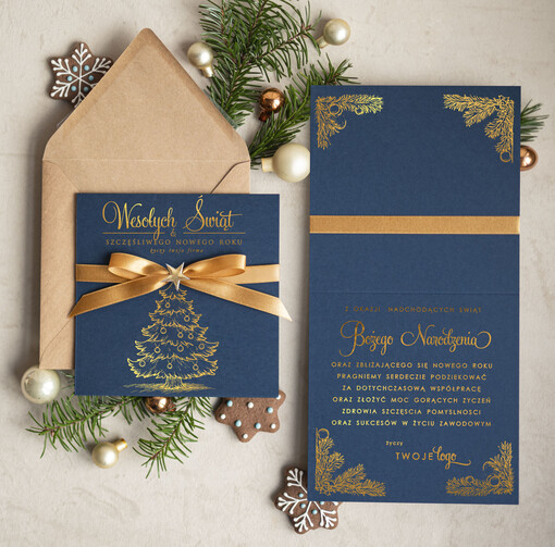 Kokardki  kartka świąteczna z logo firmy, złocone kartki bozonarodzeniowe dla klientów, biznesowe kartki świąteczne, firmowe pozłacane karnety, błyszczące złote karnety swiateczne złote napisy