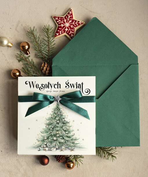 Kokardki  bozonarodzeniowe kartki swiateczne z logo firmy, firmowa biznesowa kartka świąteczna, eleganckie kartki świateczne z kokardką dla firm