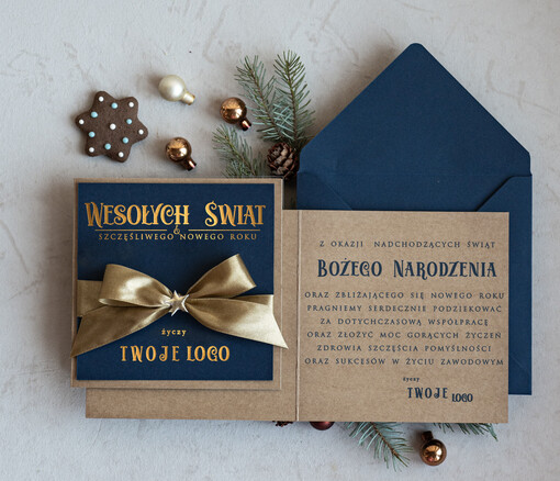 Kokardki  Złocone kartki na święta z logo firmy, świąteczna kartka biznesowa z kokardką i złotymi napisami, nowoczesna firmowa kartka bożonarodzeniowa