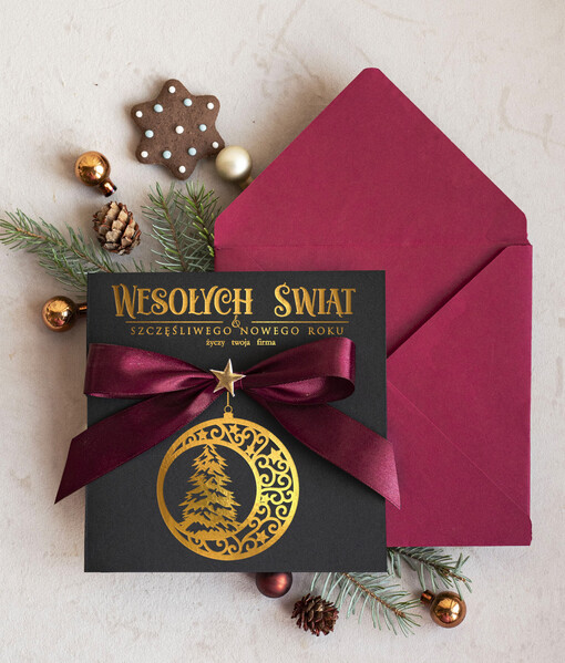 Kokardki  Złocone kartki na święta z logo firmy, świąteczna kartka biznesowa z kokardką i złotymi napisami, nowoczesna firmowa kartka bożonarodzeniowa