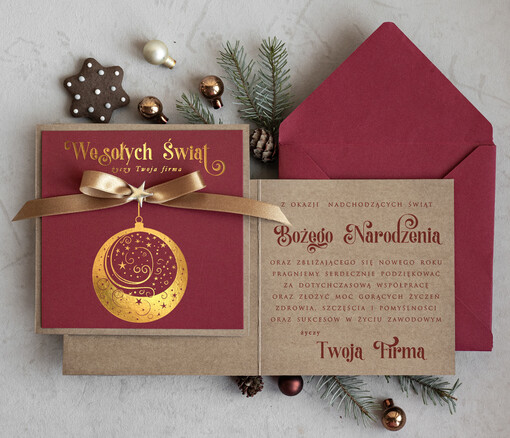 Kokardki  Złocone kartki na święta z logo firmy, świąteczna kartka biznesowa z kokardką zloconą bombką, nowoczesna firmowa kartka bożonarodzeniowa