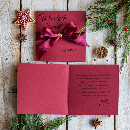 Kokardki  kartki swiateczne z logo firmy, świąteczne kartki ze wstążką, firmowe kartki swiateczne, kartki świąteczne dla pracowników