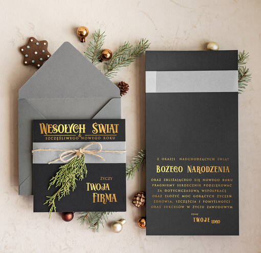 Kokardki  Złocone kartki na święta z logo firmy, świąteczna kartka biznesowa ze złotymi napisami, nowoczesna firmowa kartka bożonarodzeniowa