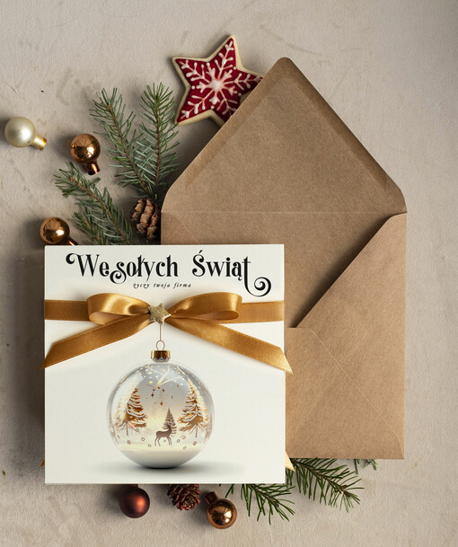 Kokardki  bozonarodzeniowe kartki swiąteczne z logo firmy, firmowa biznesowa kartka świąteczna, eleganckie kartki świateczne z kokardką dla firm