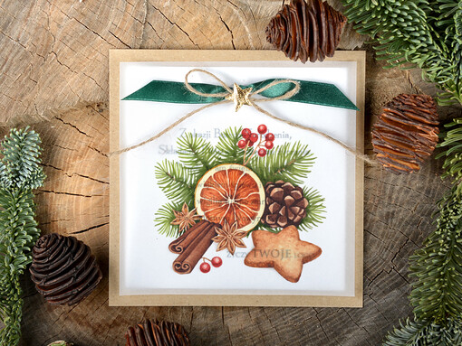 retro firmowe kartki świąteczne z logo firmy, eco brąz ze sznurkiem