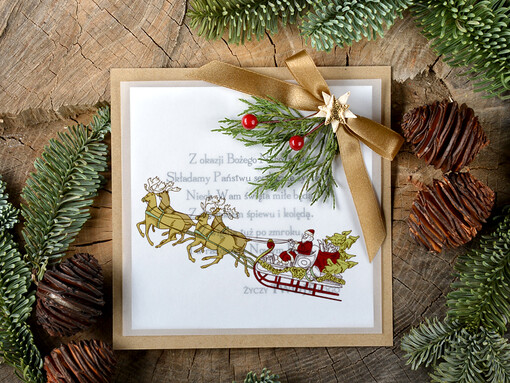 retro kartka świąteczna dla firmy z logo, eco brąz ze sznurkiem