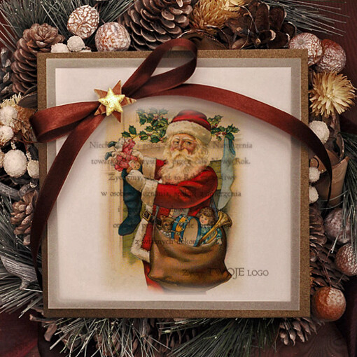 retro firmowe kartki świąteczne z logo twojej firmy, eco brąz ze sznurkiem