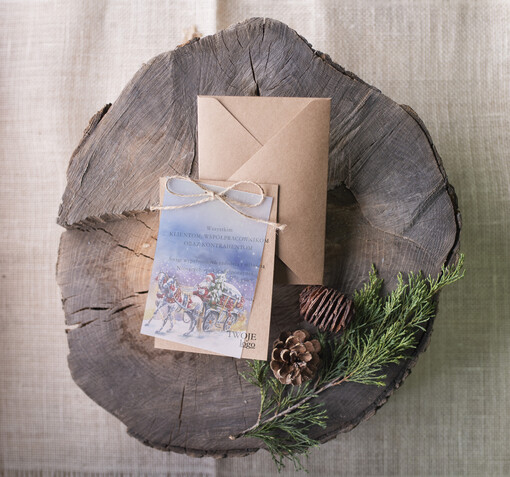 retro biznesowe kartki świąteczne z logo, eco brąz ze sznurkiem