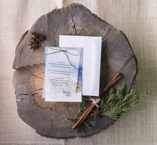 retro firmowe kartki bozonoarodzeniowe z logo, retro ze sznurkiem i wstążką