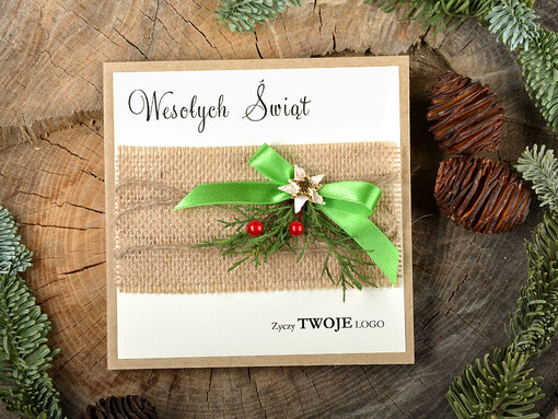 natural firmowe kartki świąteczne z logo twojej firmy, naturalne z drewnianą zawieszką