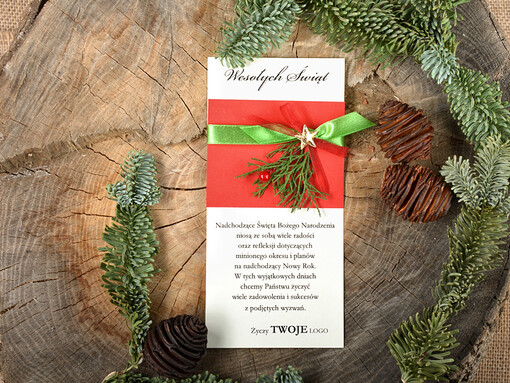 natural kartki świąteczne dla firm z logo, naturalne z drewnianą zawieszką