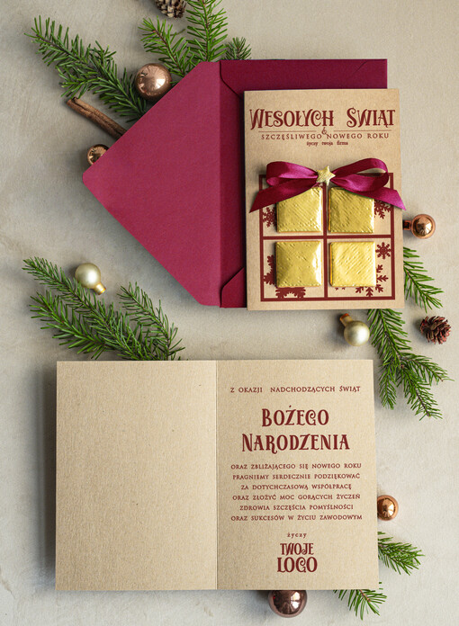 natural kartka świąteczna z logo waszej firmy, ręcznie robione kartki świąteczne z czekoladką, kartki na święta bozegonarodzenia z czekoladkami