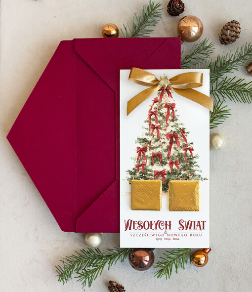 natural kartka świąteczna z logo waszej firmy, ręcznie robione kartki świąteczne z czekoladką, kartki na święta bozegonarodzenia z czekoladkami