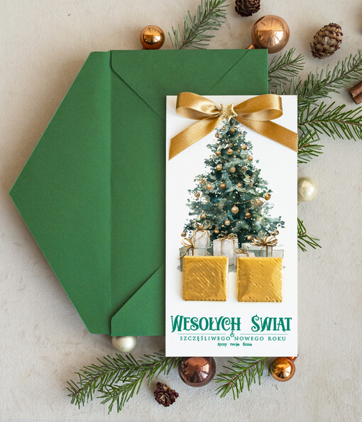 natural kartka świąteczna z logo waszej firmy, ręcznie robione kartki świąteczne z czekoladką, kartki na święta bozegonarodzenia z czekoladkami