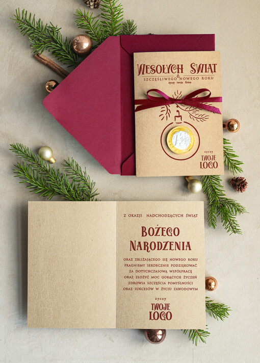 natural kartka świąteczna z logo waszej firmy, ręcznie robione kartki świąteczne z czekoladką, kartki na święta bozegonarodzenia z czekoladowym pieniążkiem