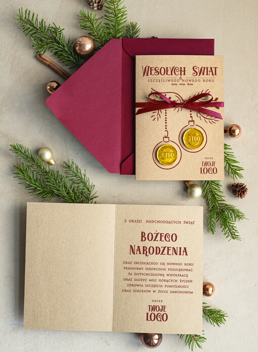 natural kartka świąteczna z logo waszej firmy, ręcznie robione kartki świąteczne z czekoladką, kartki na święta bozegonarodzenia z czekoladowym pieniążkiem
