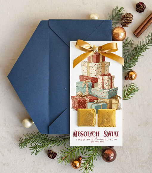 natural kartka świąteczna z logo waszej firmy, ręcznie robione kartki świąteczne z czekoladką, kartki na święta bozegonarodzenia z czekoladkami