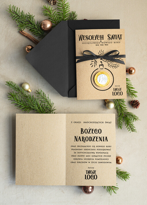 natural kartka świąteczna z logo waszej firmy, ręcznie robione kartki świąteczne z czekoladką, kartki na święta bozegonarodzenia z czekoladowym pieniążkiem