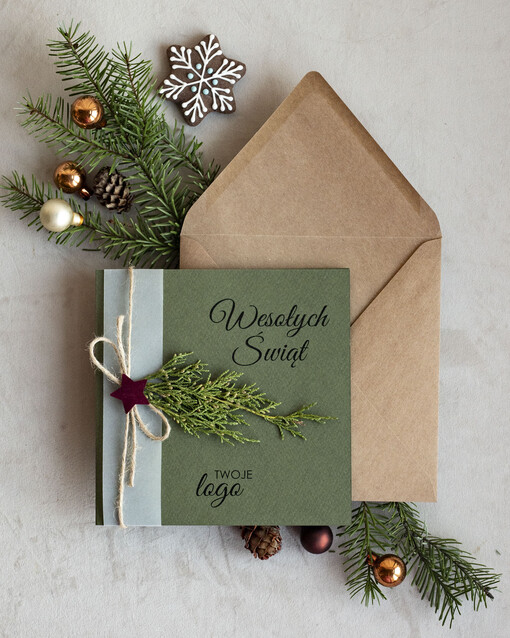natural biznesowe kartki świąteczne z logo, kartka świąteczna z logo firmy naturalna ekologiczna biznesowa kartka bozonarodzeniowa